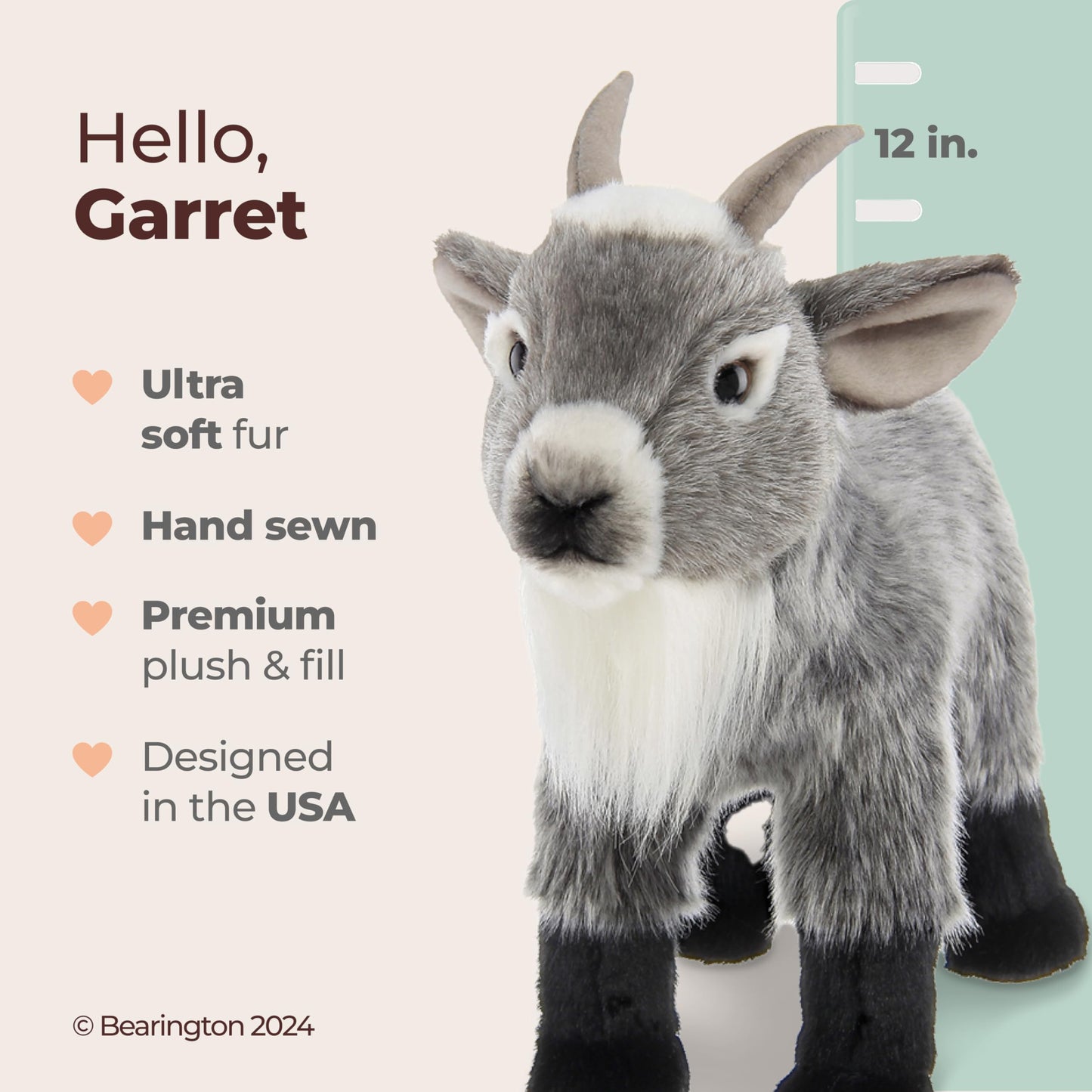 Bearington Garret the Goat Realistic Stuffed Animals - 12" Gray Plush Goat Stuffy with Weighted Body, Soft Fur, Airbrushed Details and Lifelike Design