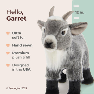Bearington Garret the Goat Realistic Stuffed Animals - 12" Gray Plush Goat Stuffy with Weighted Body, Soft Fur, Airbrushed Details and Lifelike Design