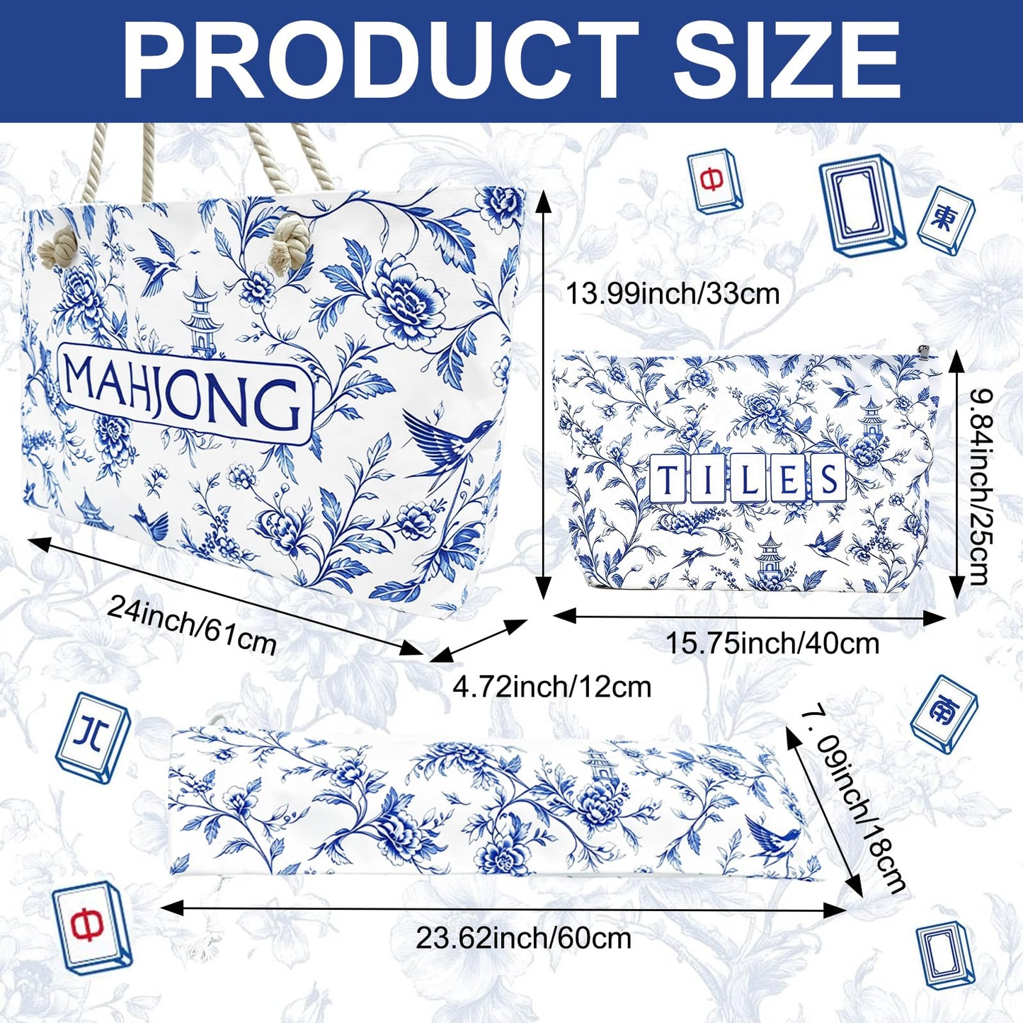 CTHMTMXS Blue and White Mahjong Bag Set for Tiles and Racks, 3 Piece 16 oz Canvas American Mahjong Carrying Bag with Zipper Tile Bag and Drawstring