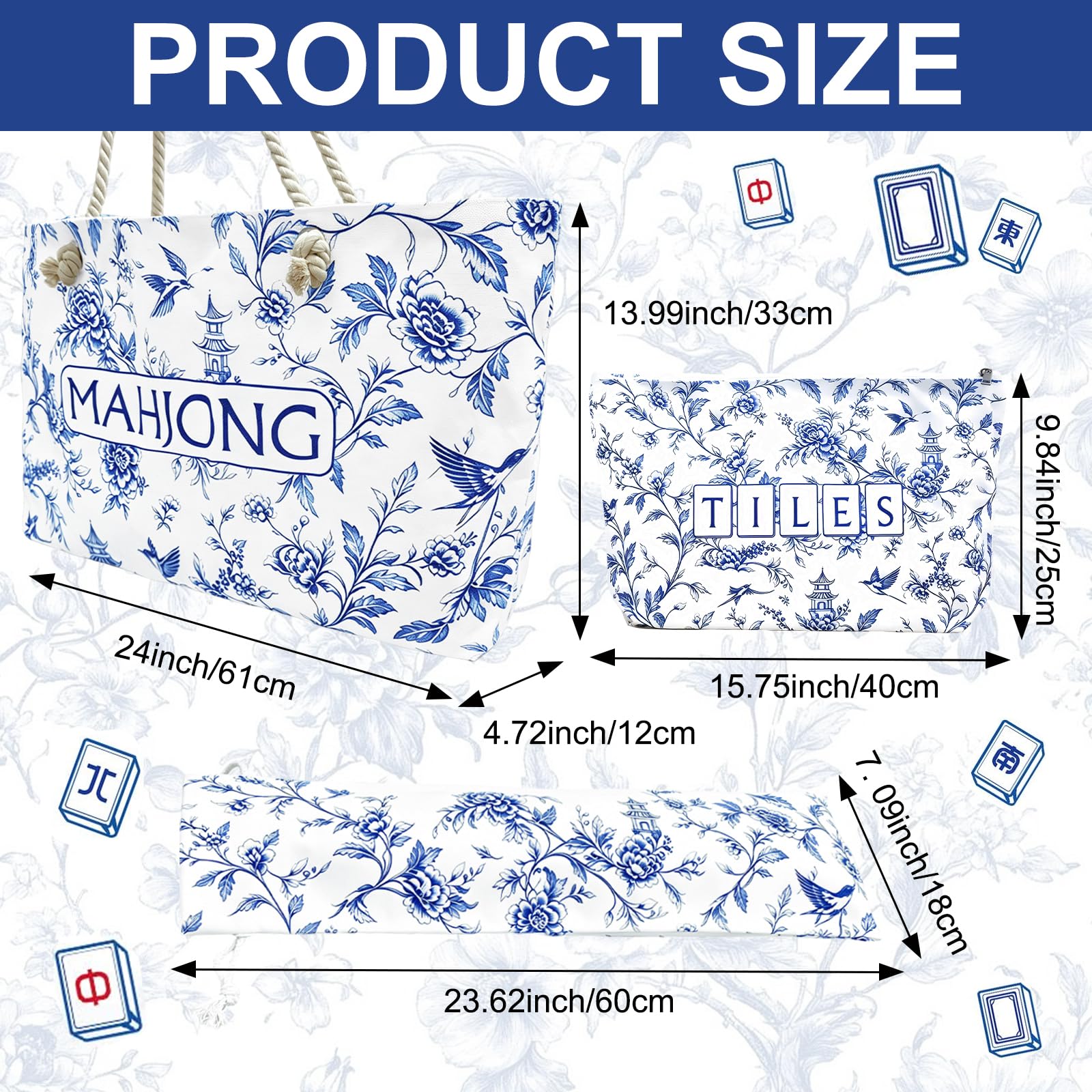 CTHMTMXS Blue and White Mahjong Bag Set for Tiles and Racks, 3 Piece 16 oz Canvas American Mahjong Carrying Bag with Zipper Tile Bag and Drawstring