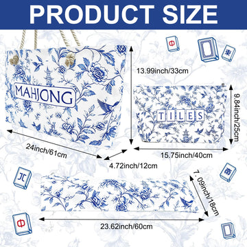 CTHMTMXS Blue and White Mahjong Bag Set for Tiles and Racks, 3 Piece 16 oz Canvas American Mahjong Carrying Bag with Zipper Tile Bag and Drawstring