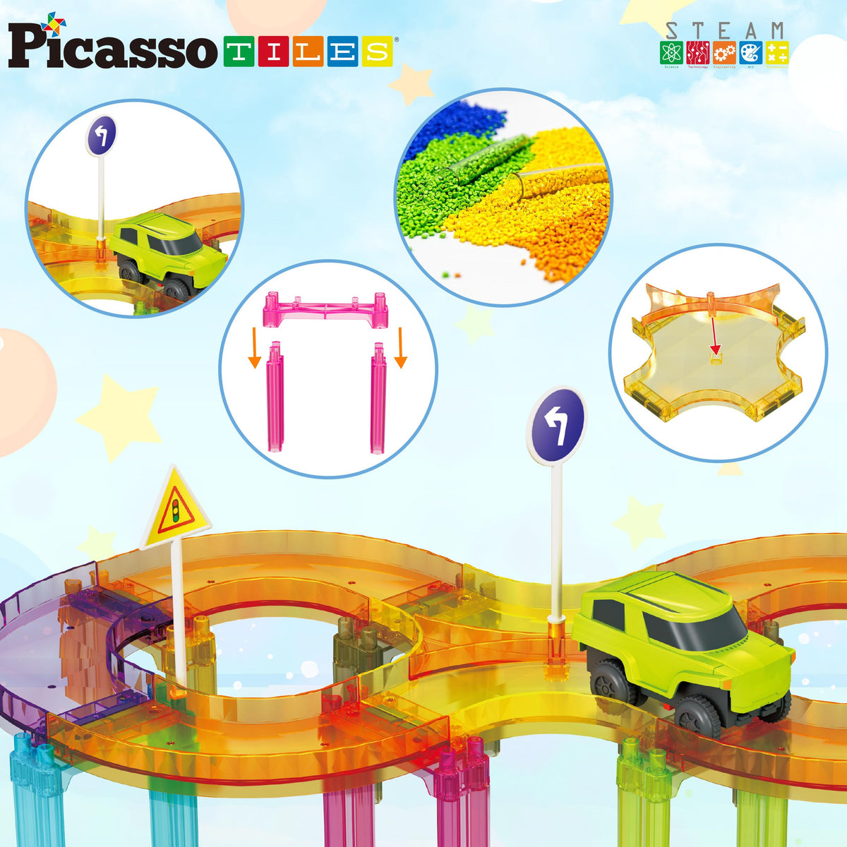 PicassoTiles Race Car Track Magnetic Tiles Travel Toy Sensory Magnet Tile Toys for Toddlers STEM Educational Learning Montessori Play Construction