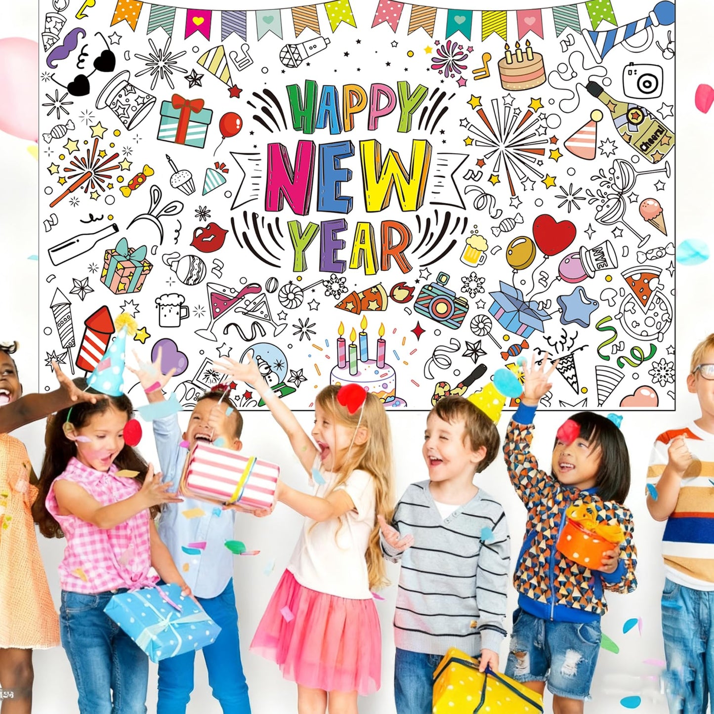 Ansoufien Happy New Year Giant Coloring Poster, 72 x 30 Inches Large Paper Tablecloth with 24 Paint Pens (12 Colors), DIY Party Activity Art Craft