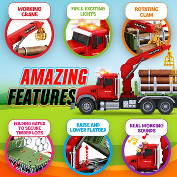 Timber Log Truck Toys for Boys - Logging Trucks for Toddlers - Friction-Powered Vehicle Playset w/Lights & Sounds, Working Crane, Claw, Logs, Flatbed