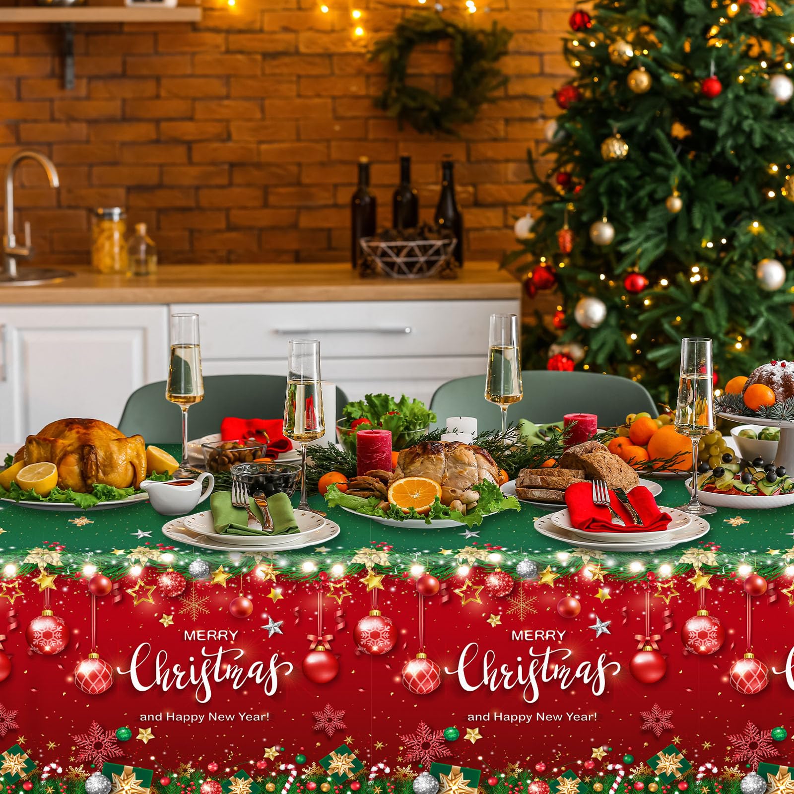Christmas Plastic Tablecloth, 3Pcs Red and Green Merry Christmas Table Cover, Xmas Tree Tablecloth for Winter Holiday Christmas Party Supplies