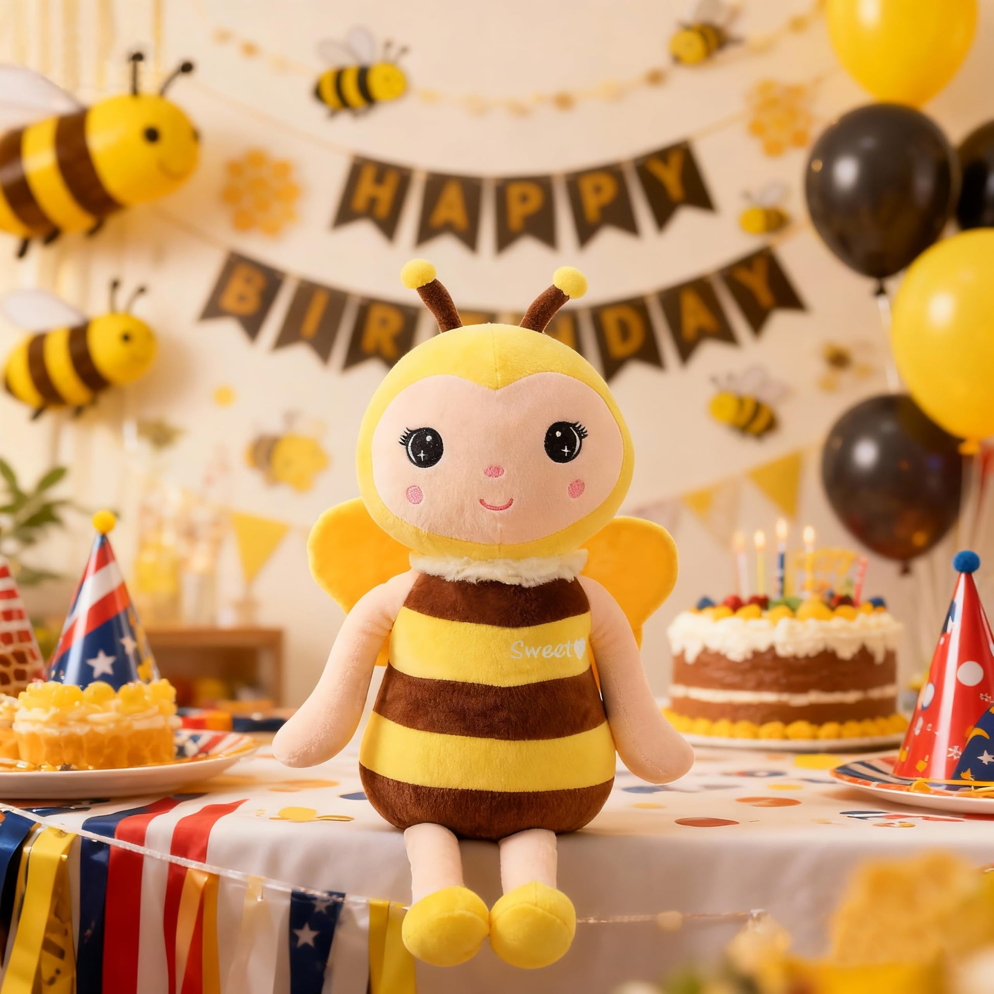 BABOLI Emotional Support Bee Stuffed Animal with Smile Face and Yellow Wings Soft Plush Fuzzy Bumblebee Toy Pillow Pretty Sweet Gifts for Honey Kids