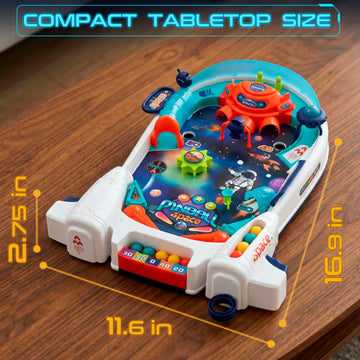 OLEOCA Space Pinball Machine - Tabletop Arcade Game with Obstacles, Pull-Rod Launcher, Flippers, UFO Targets & Astronaut Theme, 1-2 Player Mini