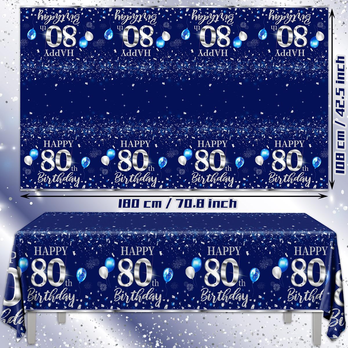 GREHUMOR 3Pcs 80th Birthday Tablecloth Decorations Sliver and Blue Table Cover Plastic 80th Happy Birthday Party Supplies for Men Women Disposable