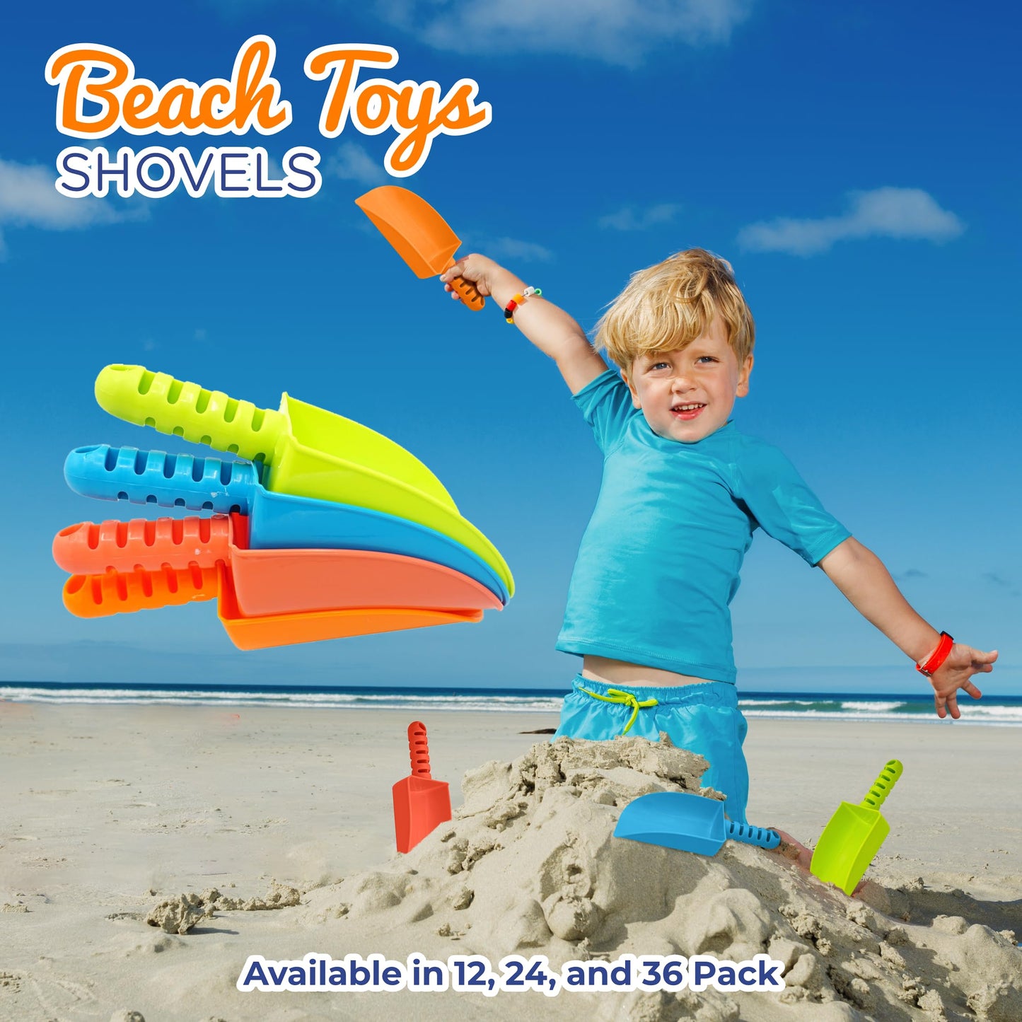 4E's Novelty Sand Shovel for Kids Bulk, 12 Pack Heavy Duty Plastic Beach Shovels - for Planting, Toddler Digging & Garden Tool, Sandbox Toys, End