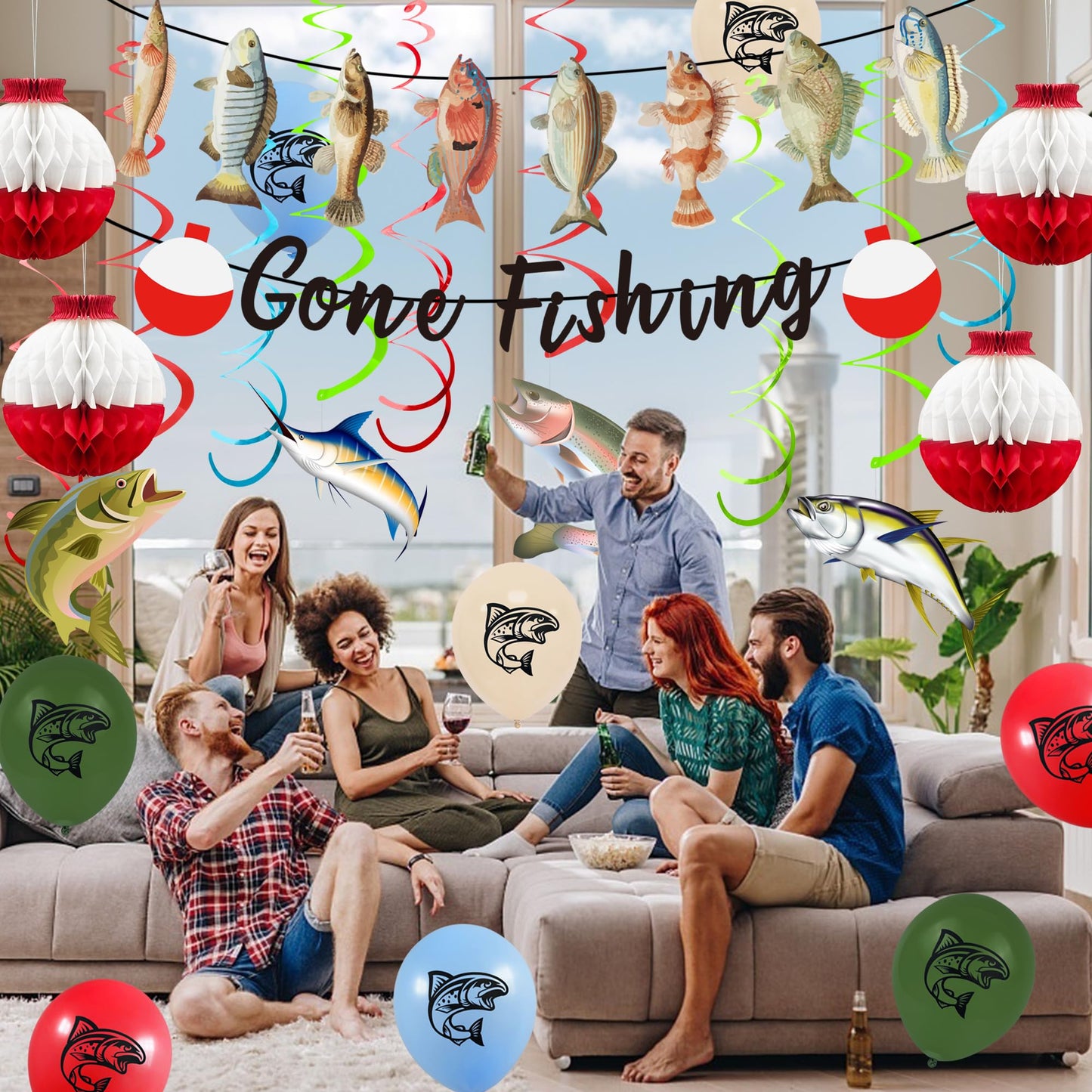 Gone Fishing Party Decorations Kit Include Hanging Banner Swirl Balloons (Gone Fishing)