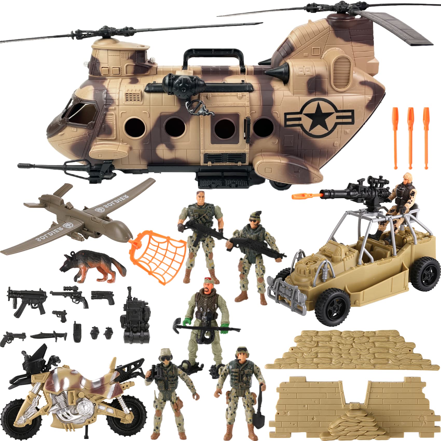 26 PCS Army Men Helicopter Carrier Toys, Military Soldier Action Figures, Combat Truck, Motorcycle, Jumbo Transport Aircraft with Lights & Sound