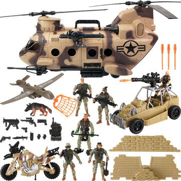 26 PCS Army Men Helicopter Carrier Toys, Military Soldier Action Figures, Combat Truck, Motorcycle, Jumbo Transport Aircraft with Lights & Sound