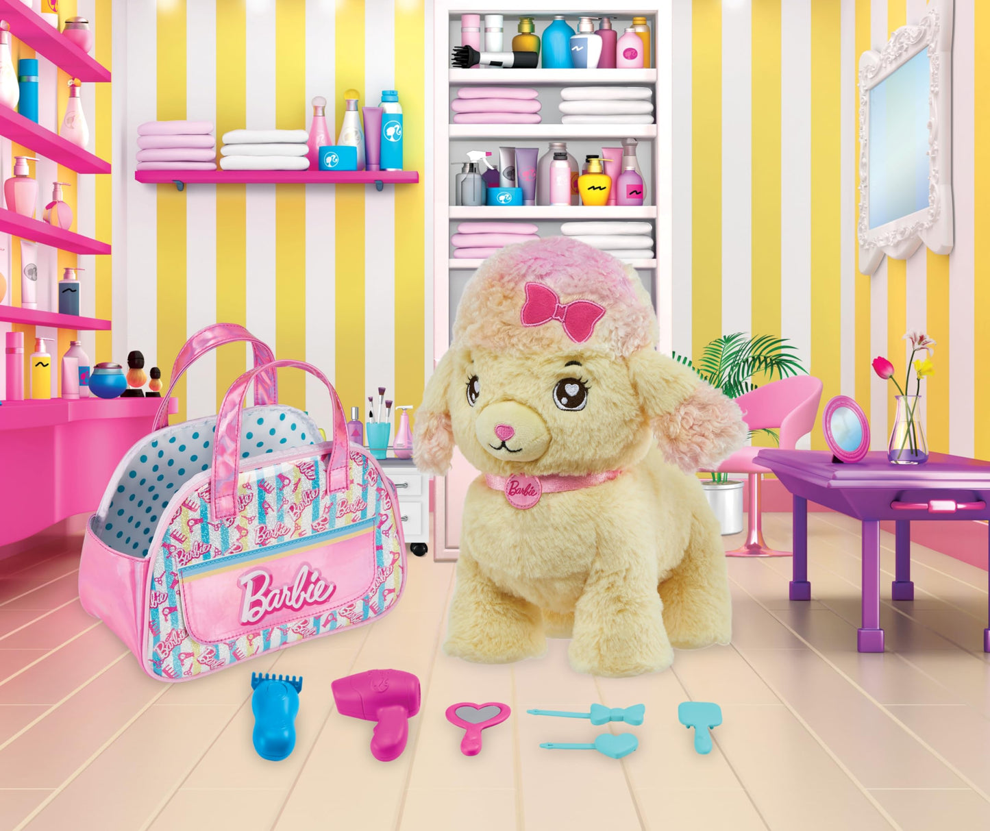 Mattel Barbie Plush Toy Playset, Hairdresser Poodle Stuffed Animal with Lights & Sounds, Plus Themed Purse & 6 Accessories, Salon Pet Adventure