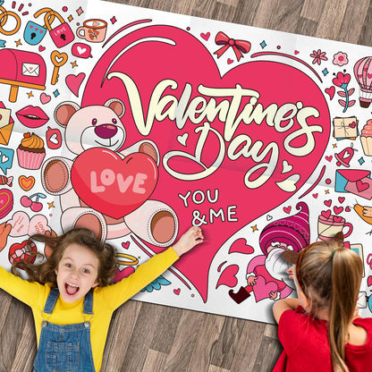 JellyPanda Valentines Day Large Coloring Tablecloth for Kids Valentines Coloring Poster Pages Little Bear Heart Paper for Classroom Home School Party