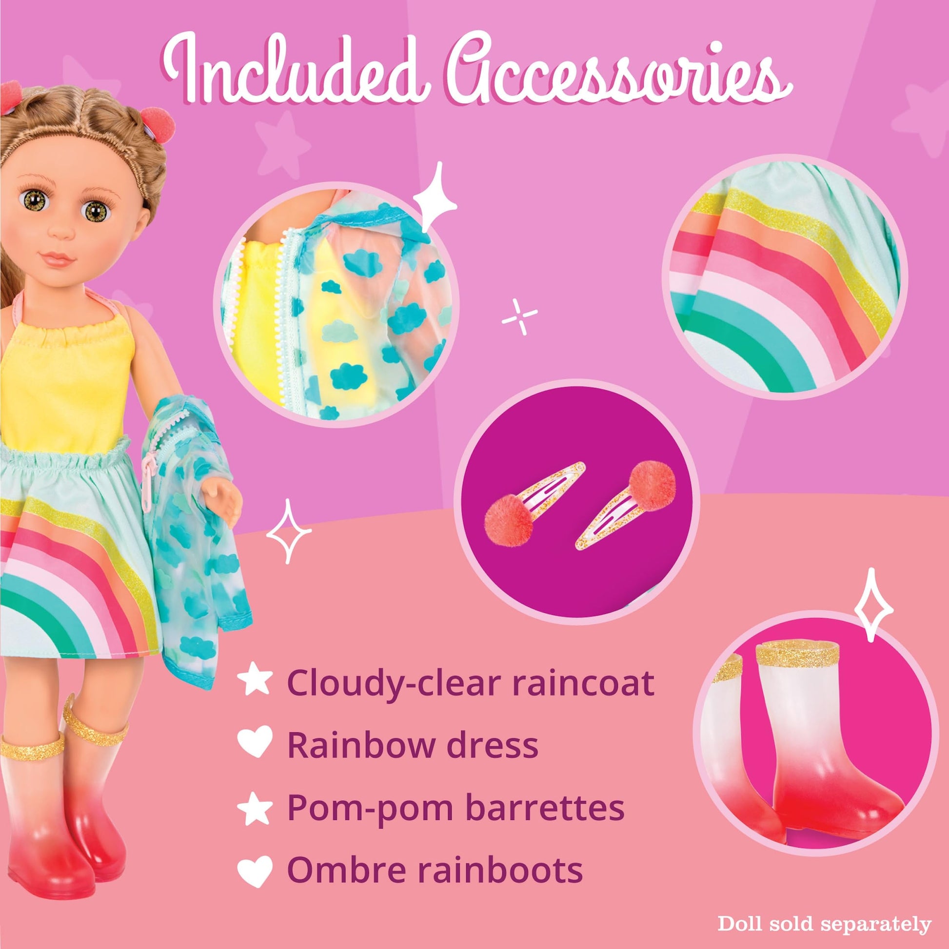 Glitter Girls - 14-Inch Doll Clothes - Smile! Rain Or Shine Outfit - Rainbow Dress, Hair Clips, Raincoat, and Rain Boots - Toys, and Accessories