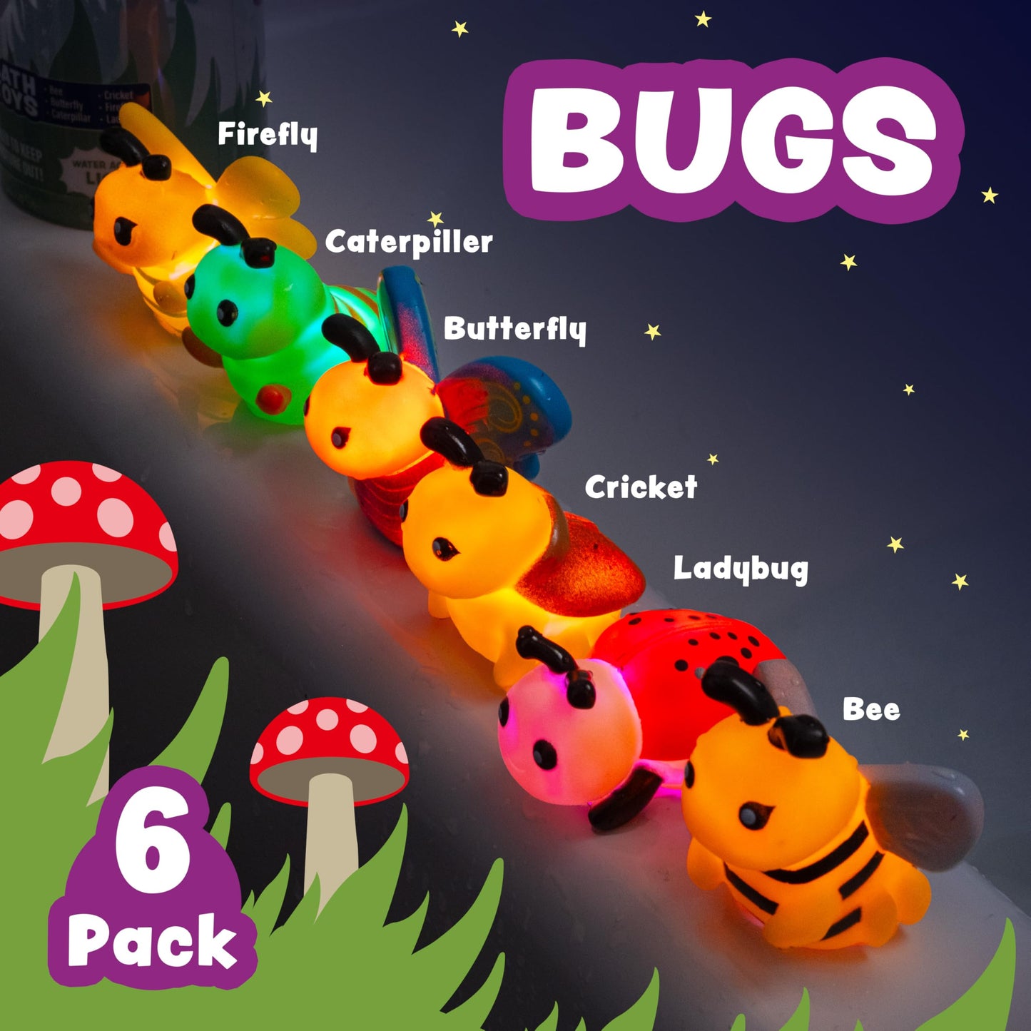 Tub Works® Bugs™ Light Up Bath Toys, 6 Pack | Water-Activated Light Up Toys Flash & Change Color | Easy-Grip Baby Girl & Toddler Bath Toys | Glow Bugs