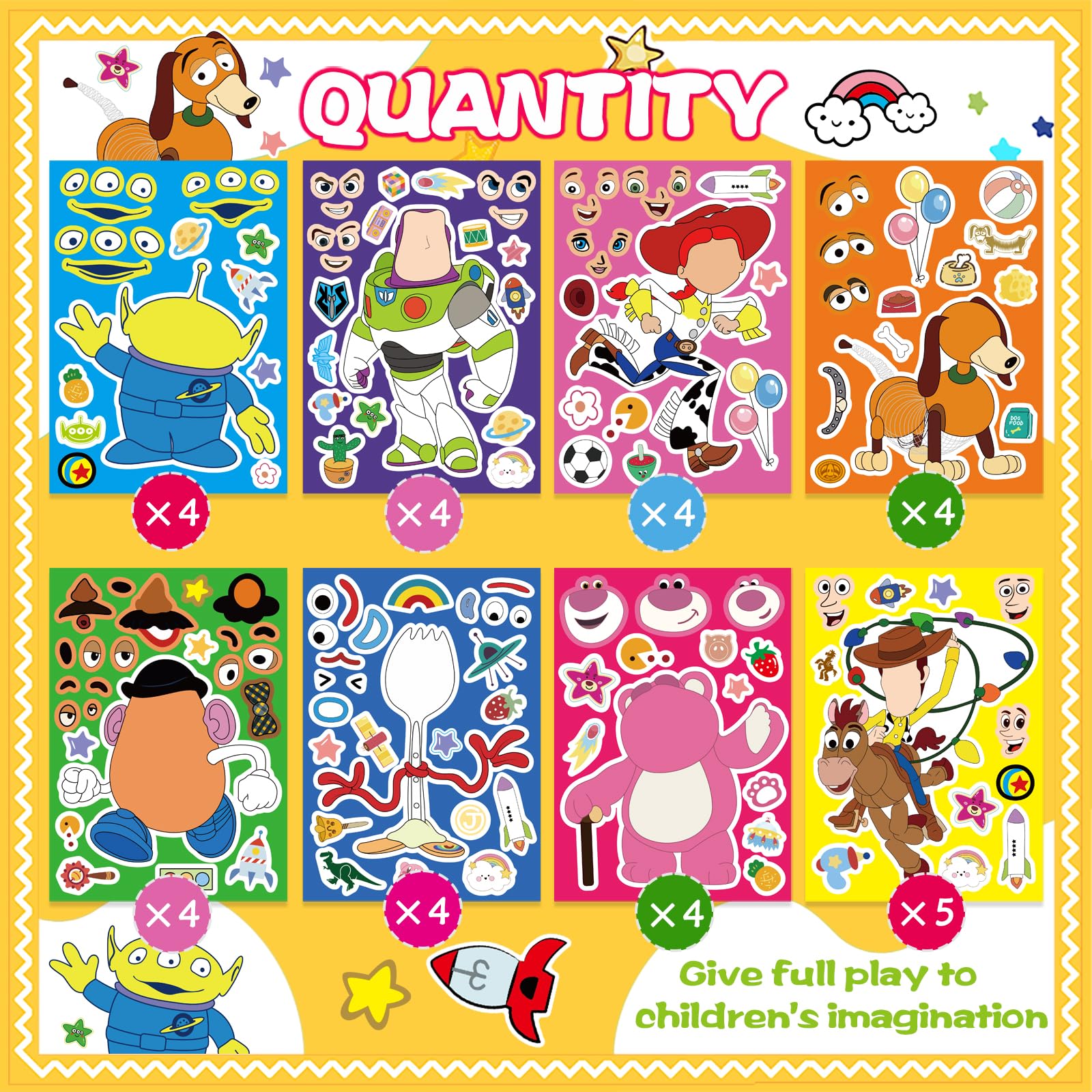 32pcs Make a face Toy Story Stickers,Make Your Own Stickers,Mixed & Matched with 8 Designed Characters for Party Favors Supplies, Reward, Decor,Gift