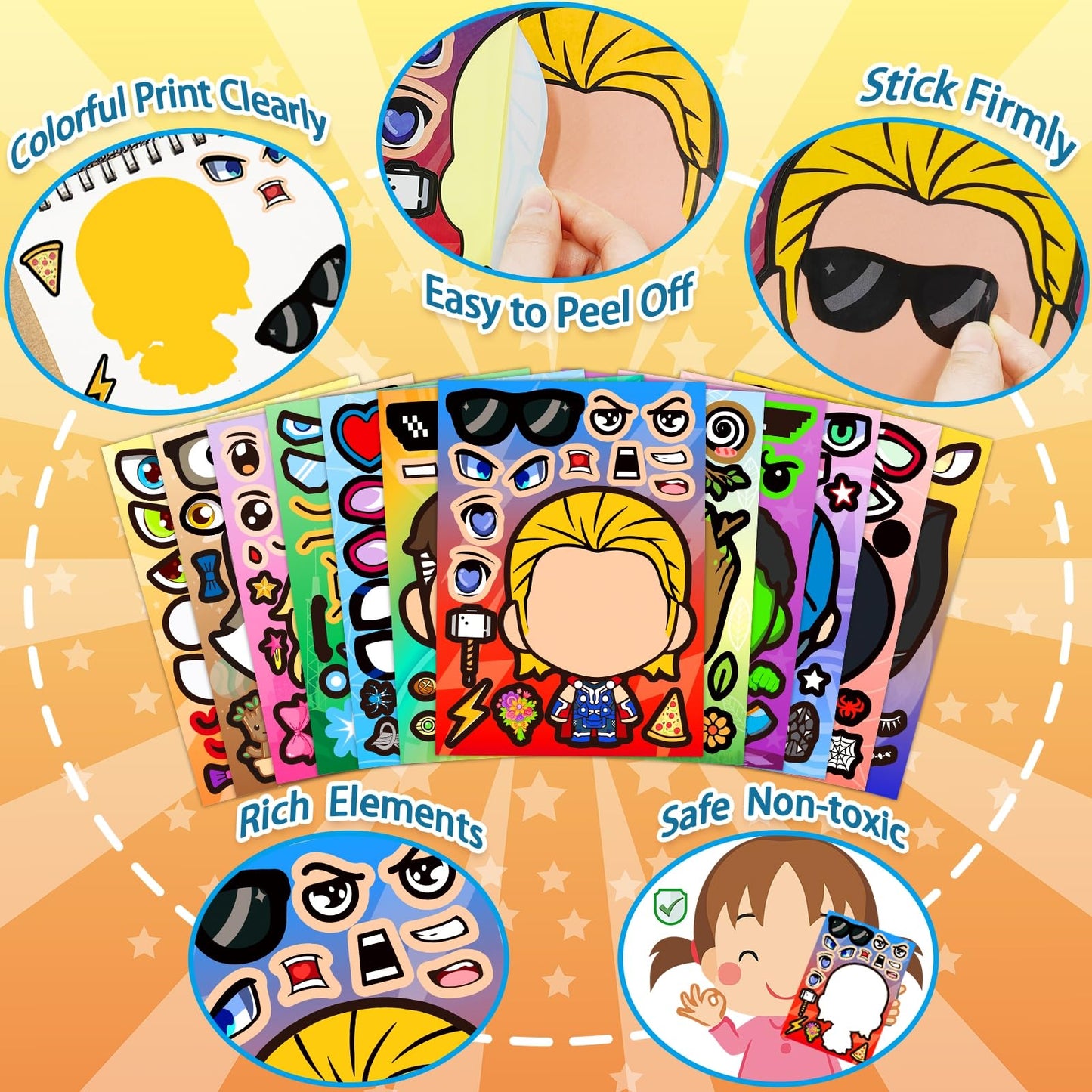 48 Sheets Make Your Own Stickers for Kids, DIY Make Superhero Face Stickers for Boys Girls, Party Favors Supplies Art Craft Family School Reward