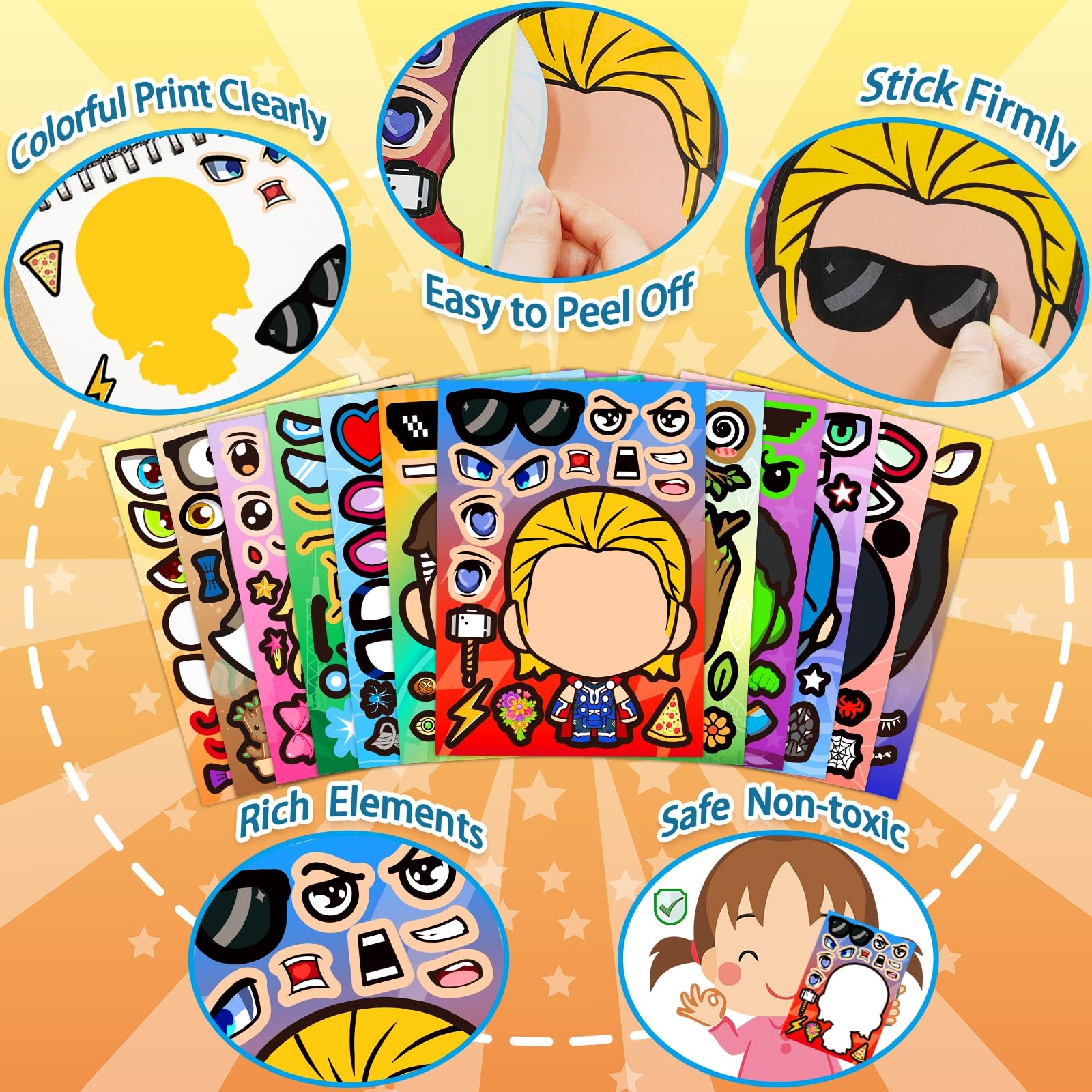 48 Sheets Make Your Own Stickers for Kids, DIY Make Superhero Face Stickers for Boys Girls, Party Favors Supplies Art Craft Family School Reward