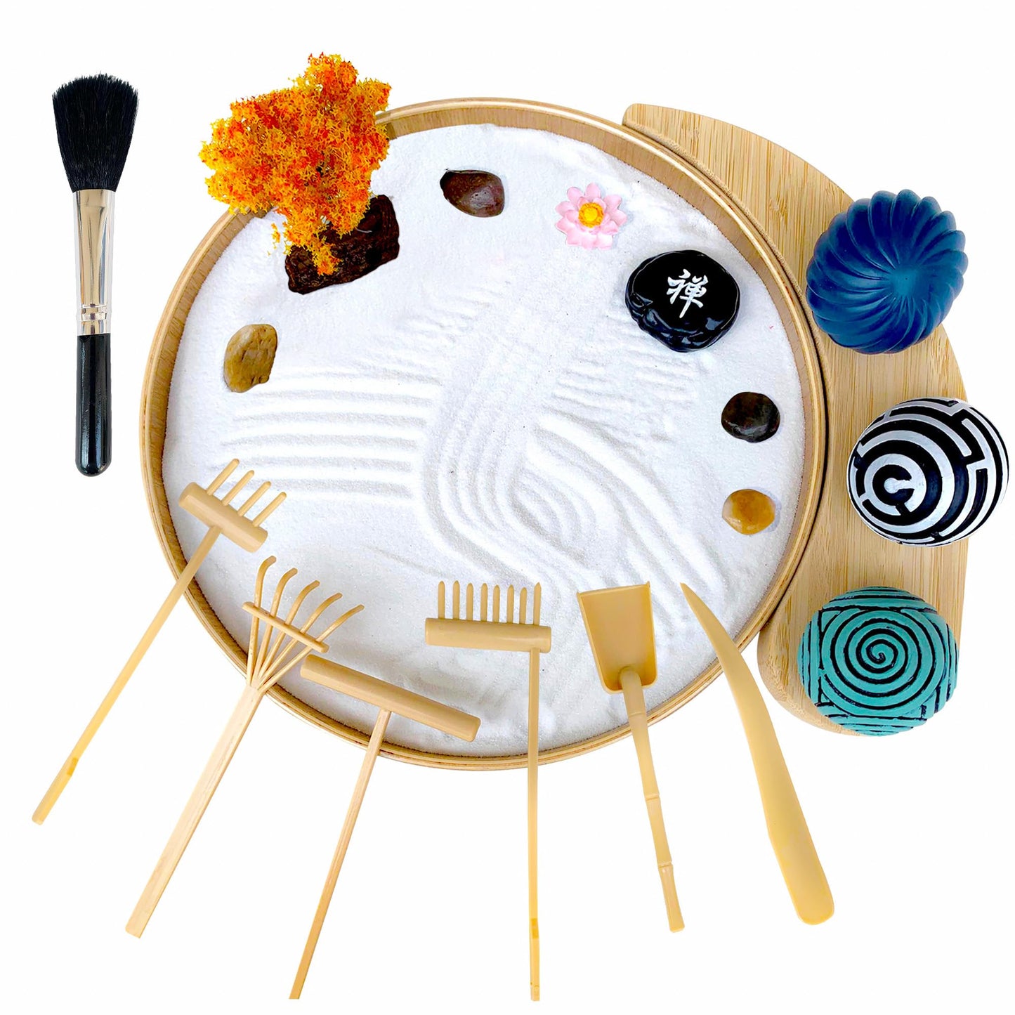 Zen Garden for Desk, Sand Tray Therapy Kit,Zen Gift Set,Japanese Desktop Mini Zen Garden, Zen Office Décor & Home Meditation - 3 Stamp Spheres