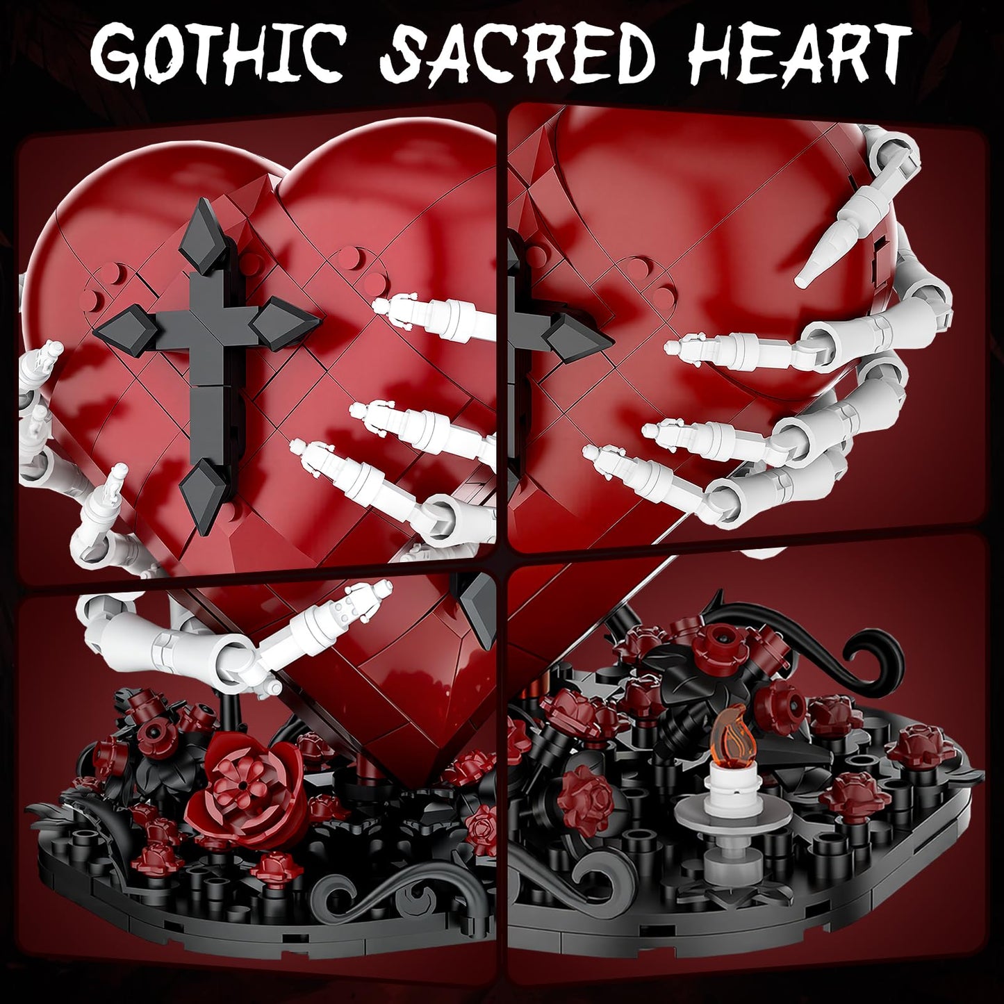 Gothic Sacred Heart of Jesus Building Set, Skeleton Hand, Roses & Cross Dark Aesthetic Catholic Model Kit, Horror Goth Home Decor, Halloween Christmas