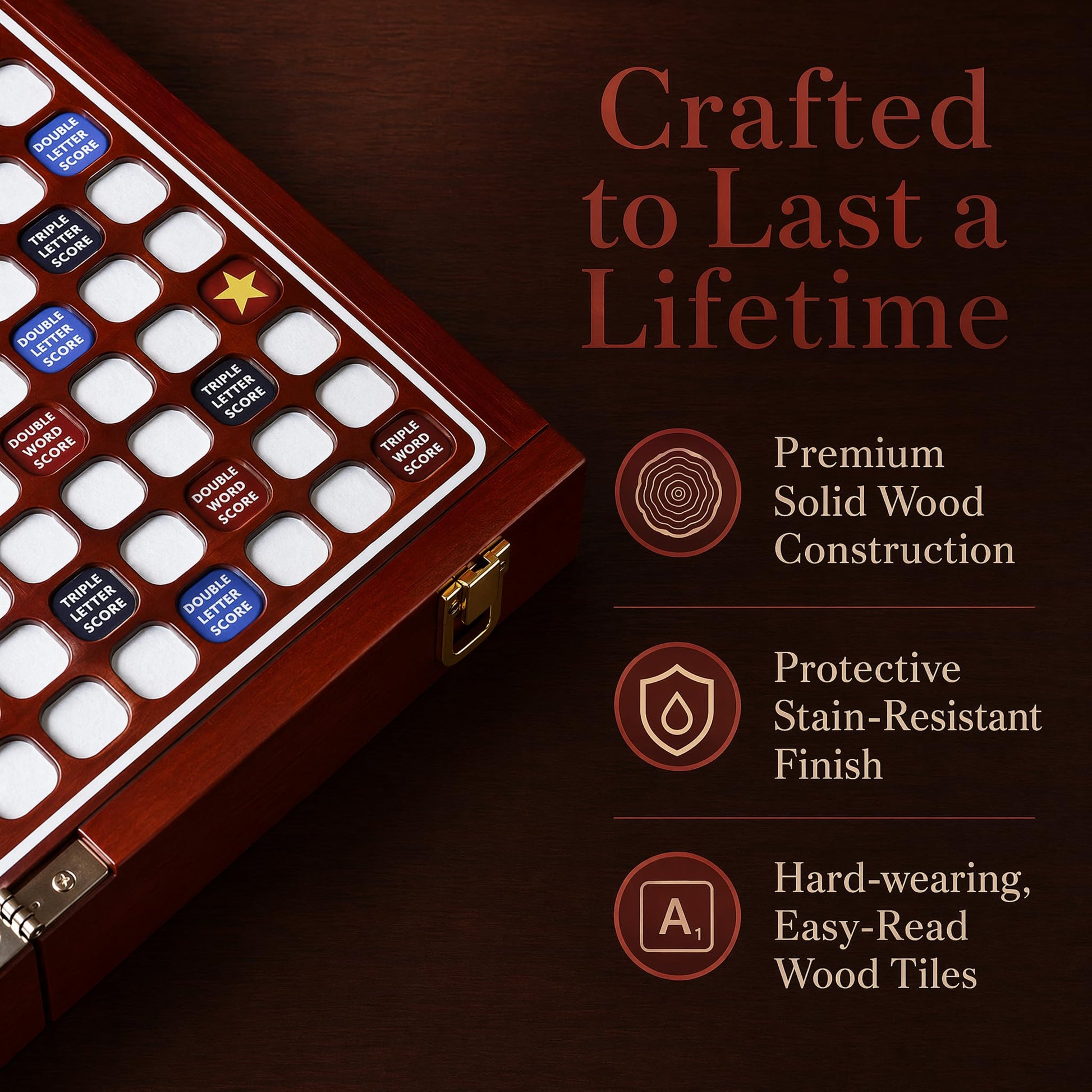 【Solid Wood】Deluxe Travel Scrabble Game,Rotatable Large Scrabble Deluxe,Raised Letter Grid,Foldable&Portable Design,Integrated Storage,100 Letter