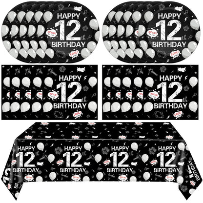 41Pcs 12th Birthday Decorations for Boys Girls,Black Bruh Im Happy 12 Birthday Tableware Set Include Black Plates and Napkins Party Supplies with 12