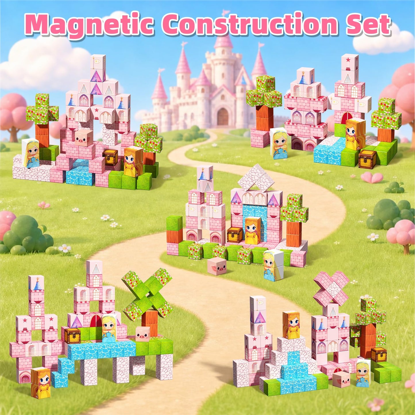 Magnetic Blocks, 48PCS Magnetic Building Cube Set for Kids Ages 3+, Constructions STEM Stacking Tiles Toy Building Birthday Gifts for Girls