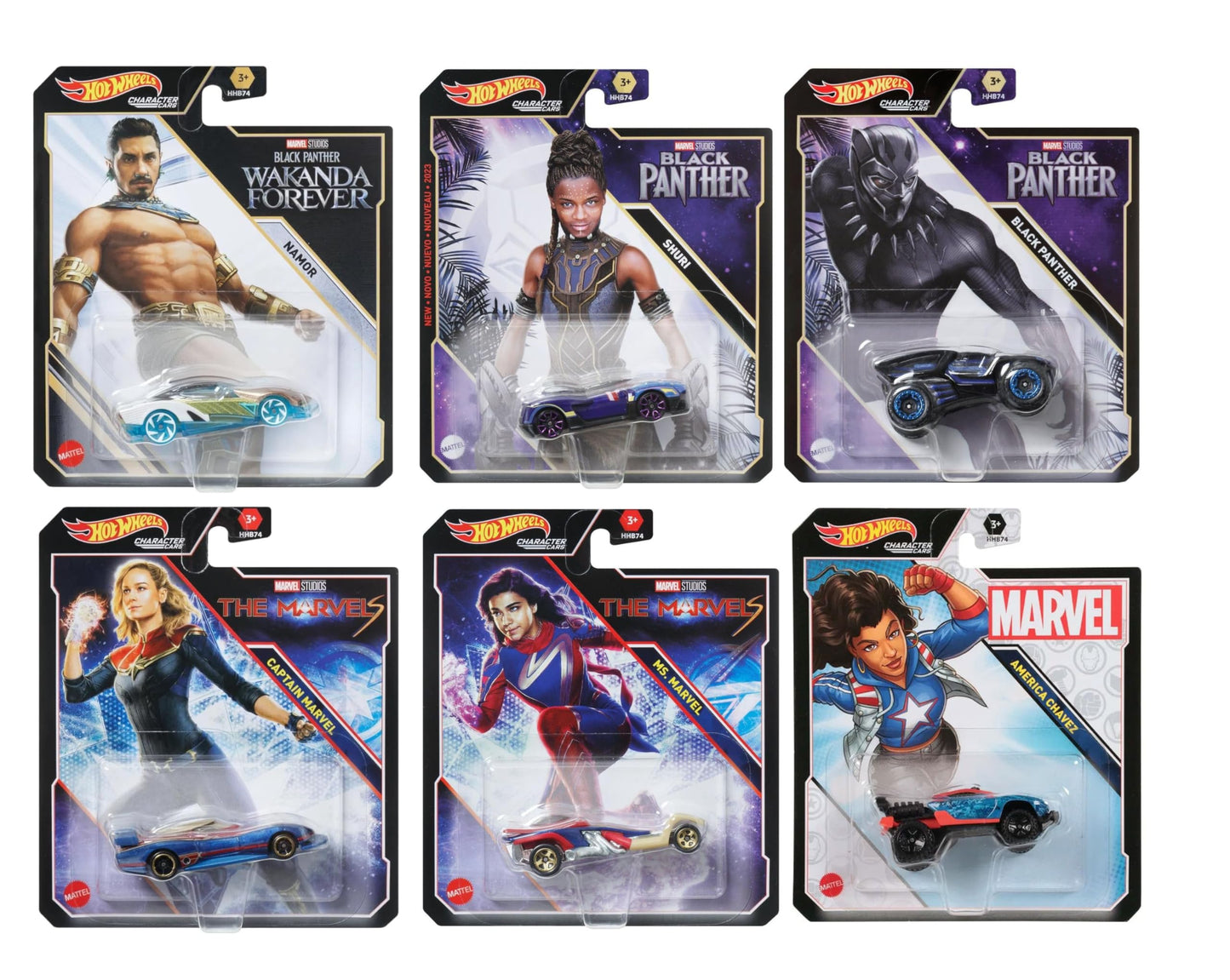 Hot Wheels Character Cars - Complete 6?Pack (HHB74?956G) | Includes Black Panther, Namor, Shuri, Ms. Marvel, Captain Marvel & America Chavez | 1:64