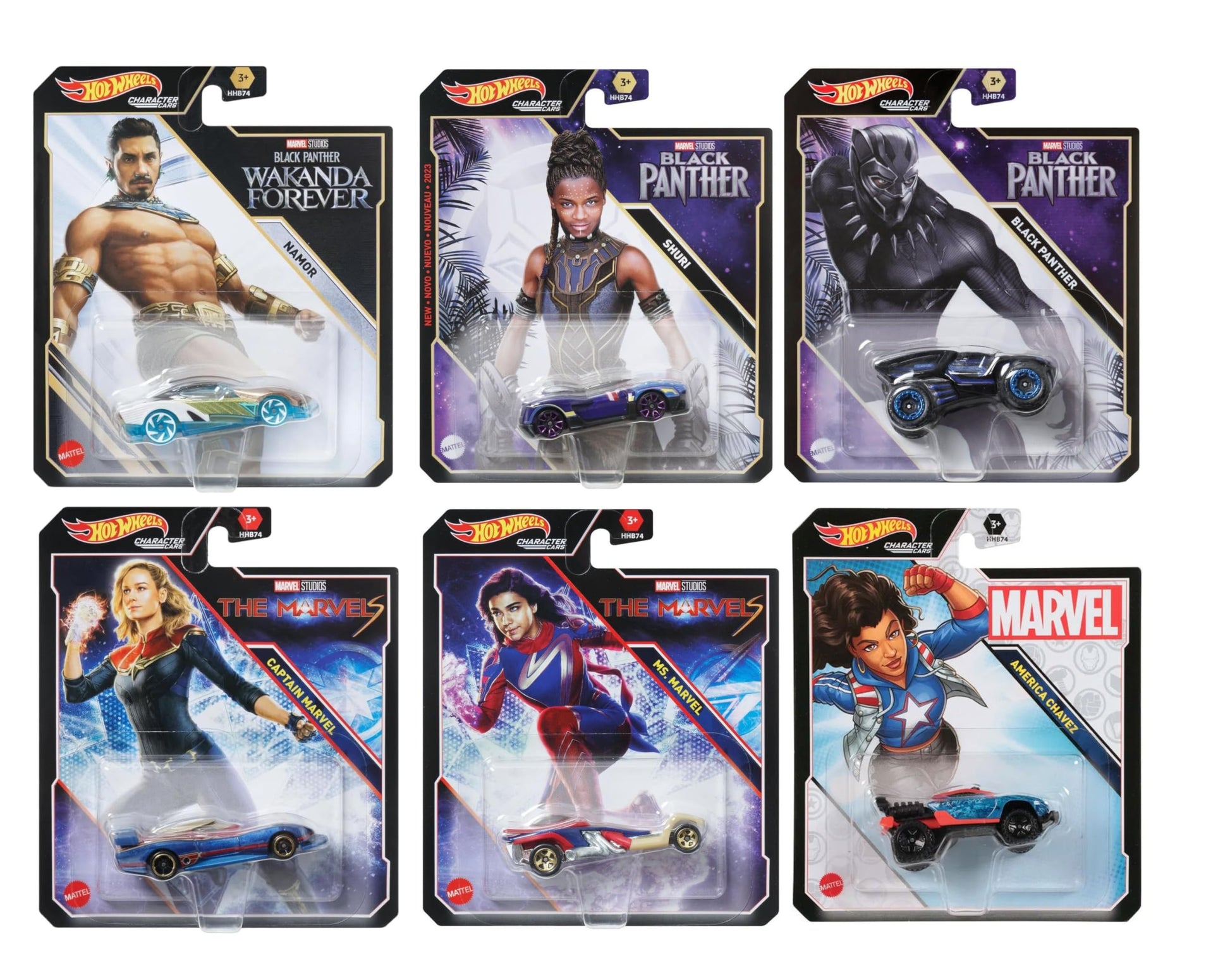 Hot Wheels Character Cars - Complete 6?Pack (HHB74?956G) | Includes Black Panther, Namor, Shuri, Ms. Marvel, Captain Marvel & America Chavez | 1:64