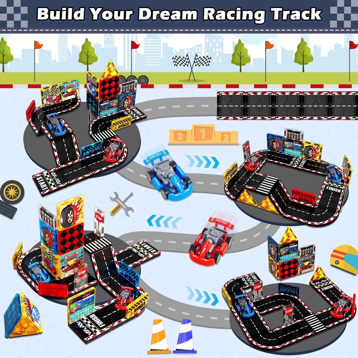 Magnetic Tiles Road Set | Magnet Tiles Race Track, Magnetic Car Racing Tile for Kids Ages 4-8 5-7, Magnetic Tile Rails Building Toys STEM Learning
