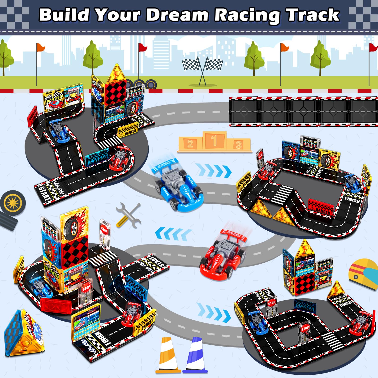 Magnetic Tiles Road Set | Magnet Tiles Race Track, Magnetic Car Racing Tile for Kids Ages 4-8 5-7, Magnetic Tile Rails Building Toys STEM Learning