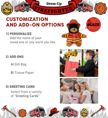 DolliBu Black Bear Firefighter Stuffed Animal with Name Personalization - Super Soft Bear with Red Fireman Costume Outfit and Fireman Hat, Cute Fire