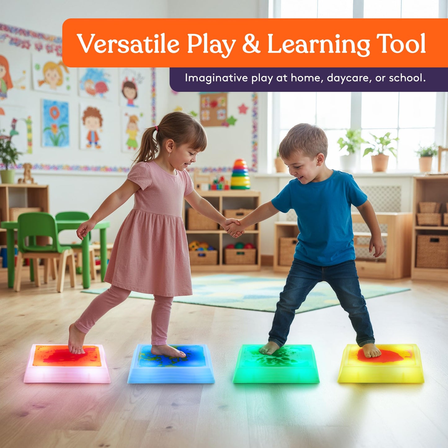 Special Supplies Liquid Gel LED Stepping Stones for Kids - Light-Up Square Balance Blocks - Promote Coordination, Balance, Strength for Children