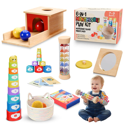 SmileyBubs Montessori Baby Toys 7-9 Months, Developmental Tools for 7+ Month Babies, Baby Sensory Toys - A Sliding Box, Mirror Puzzle, Stacking Cups