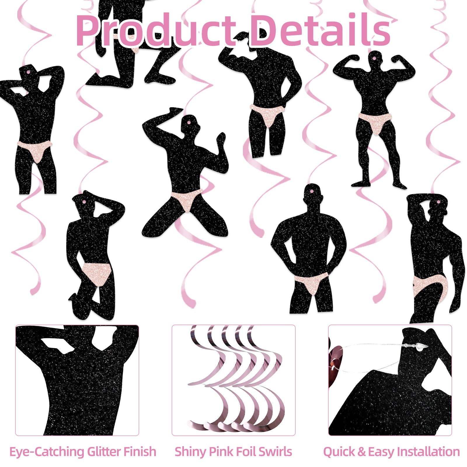 30 Pcs Funny Dancer Hanging Swirls Decoration, Muscle Man Silhouette Ceiling Ornaments with Pink Foil Swirls for Bachelorette Party, Girls Night Out