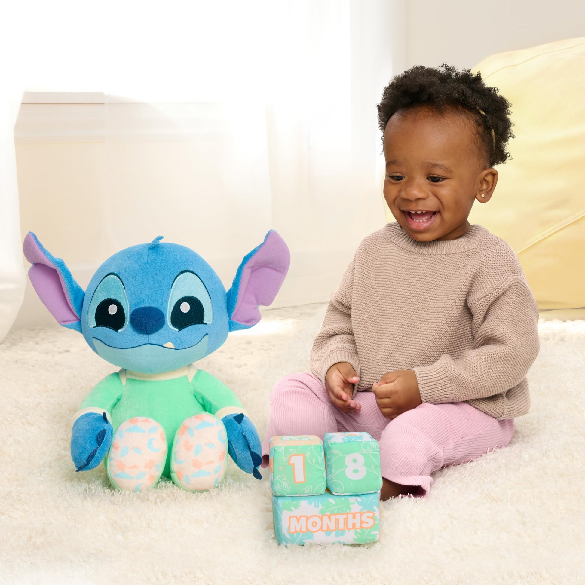 Disney Baby My First Year Stitch and Milestone Blocks, 10.5-inch Plush Toy, 4-pieces, Kids Toys for Ages 0+ by Just Play