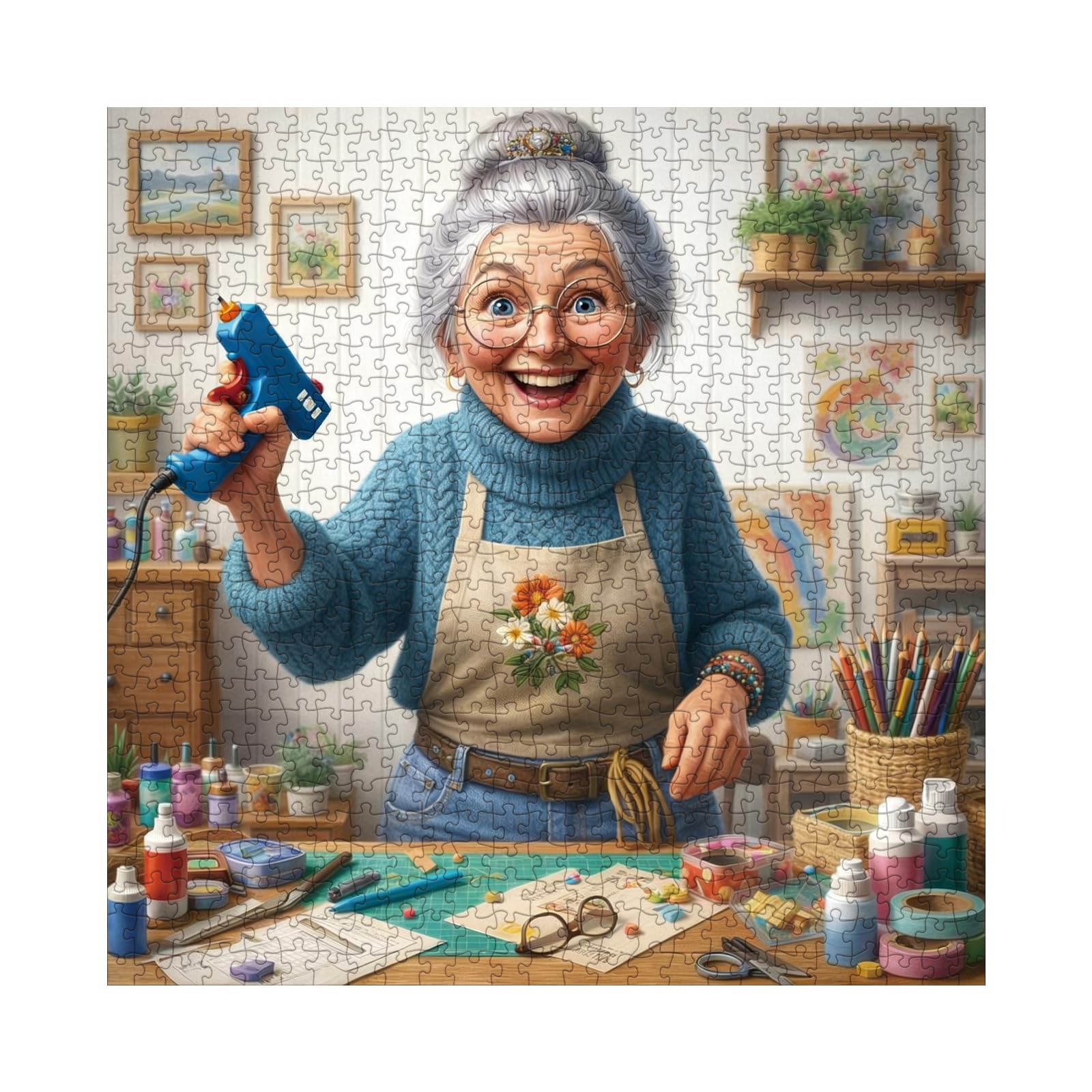 Larkipuzz Funny Grandma Puzzles for Adults 1000 Pieces, Pretty Art Old Women Jigsaw Puzzles, Vintage Cozy Craft Room Painting Puzzle