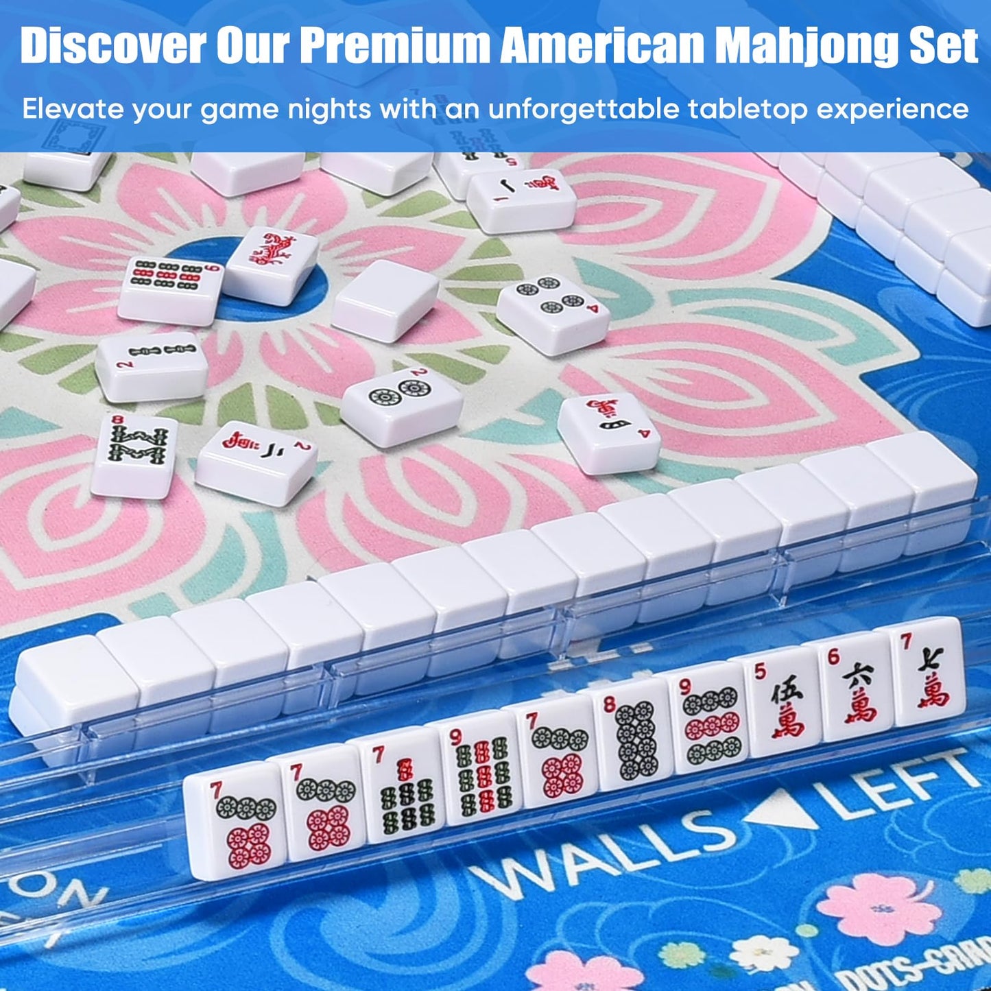 ADAH American Mahjong Set with 166 Tiles, 4 All-in-One Rack/Pushers, Premium Melamine Scratch-Resistant Tiles, Embroidered Blue Travel Case - Complete