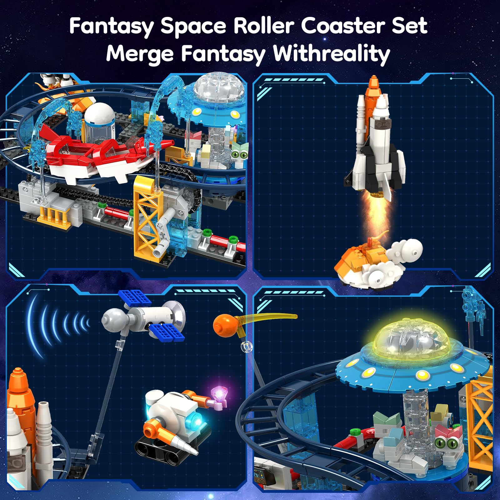 Utbttor 2 in 1 Space Roller Coaster Building Set with Rockets, UFO, Satellites, Space Capsules, Buildable City Park Friends Building Block Toys, STEM
