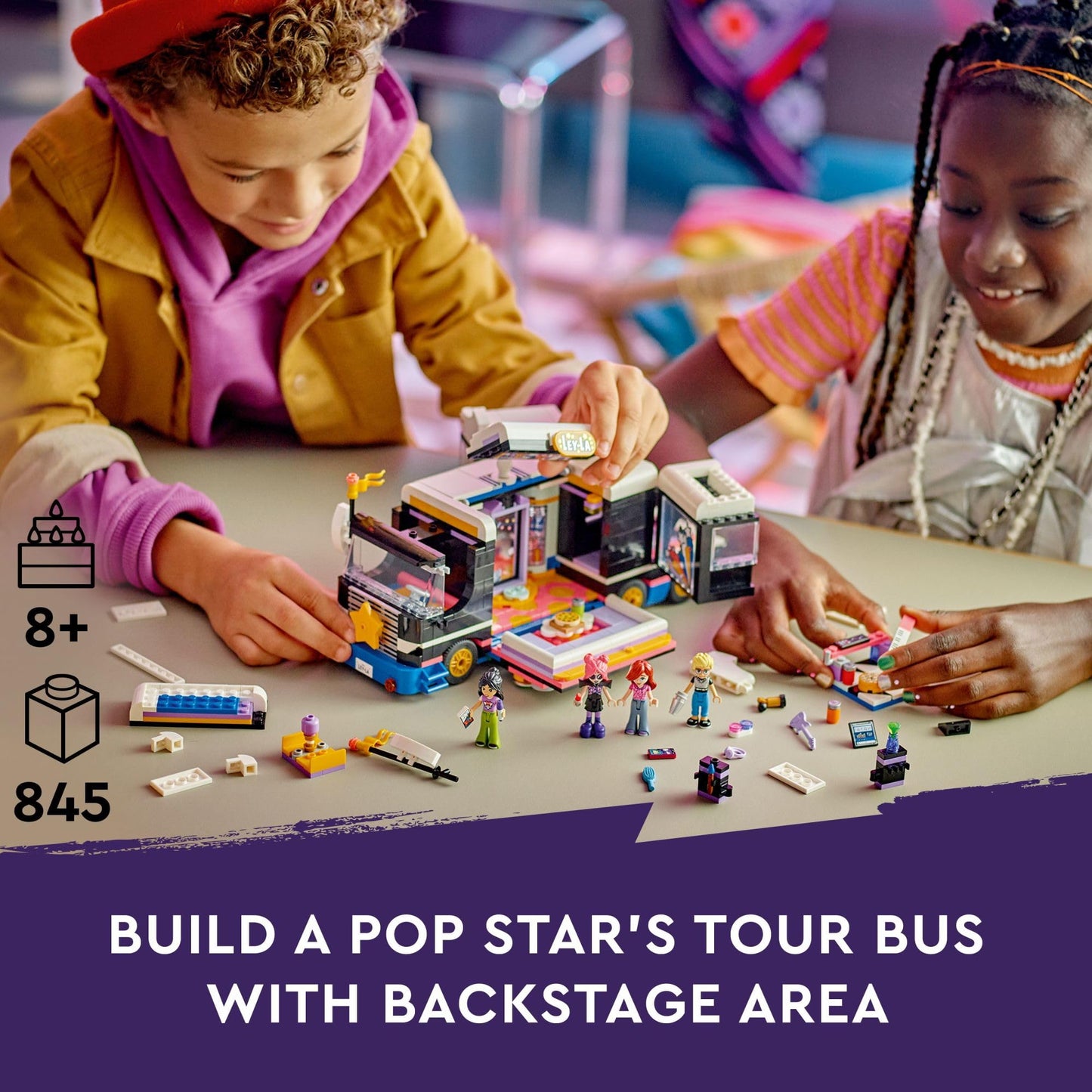 LEGO Friends Pop Star Music Tour Bus Play Together Toy, Social-Emotional Musical Toy with 4 Mini-Doll Characters, Toy Truck Building Kit, Music Gift