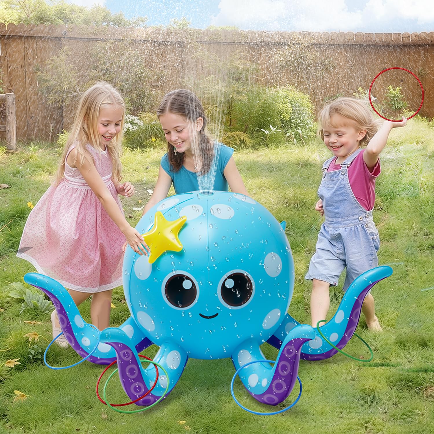 Sprinkler for Kids, Inflatable Octopus Water Toys with 6 Rings, Kids Sprinklers for Yard, Summer Outdoor Toys Backyard Water Spray Sprinkler Fun Toy