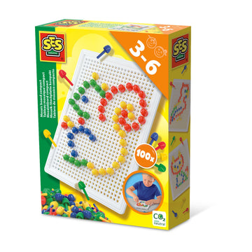 SES Creative Mosaic Board Compact - 100 Colourful Pins, Reusable Peg Set for Toddlers & Kids Age 3+, Fine Motor Skill Toy for Early Learning