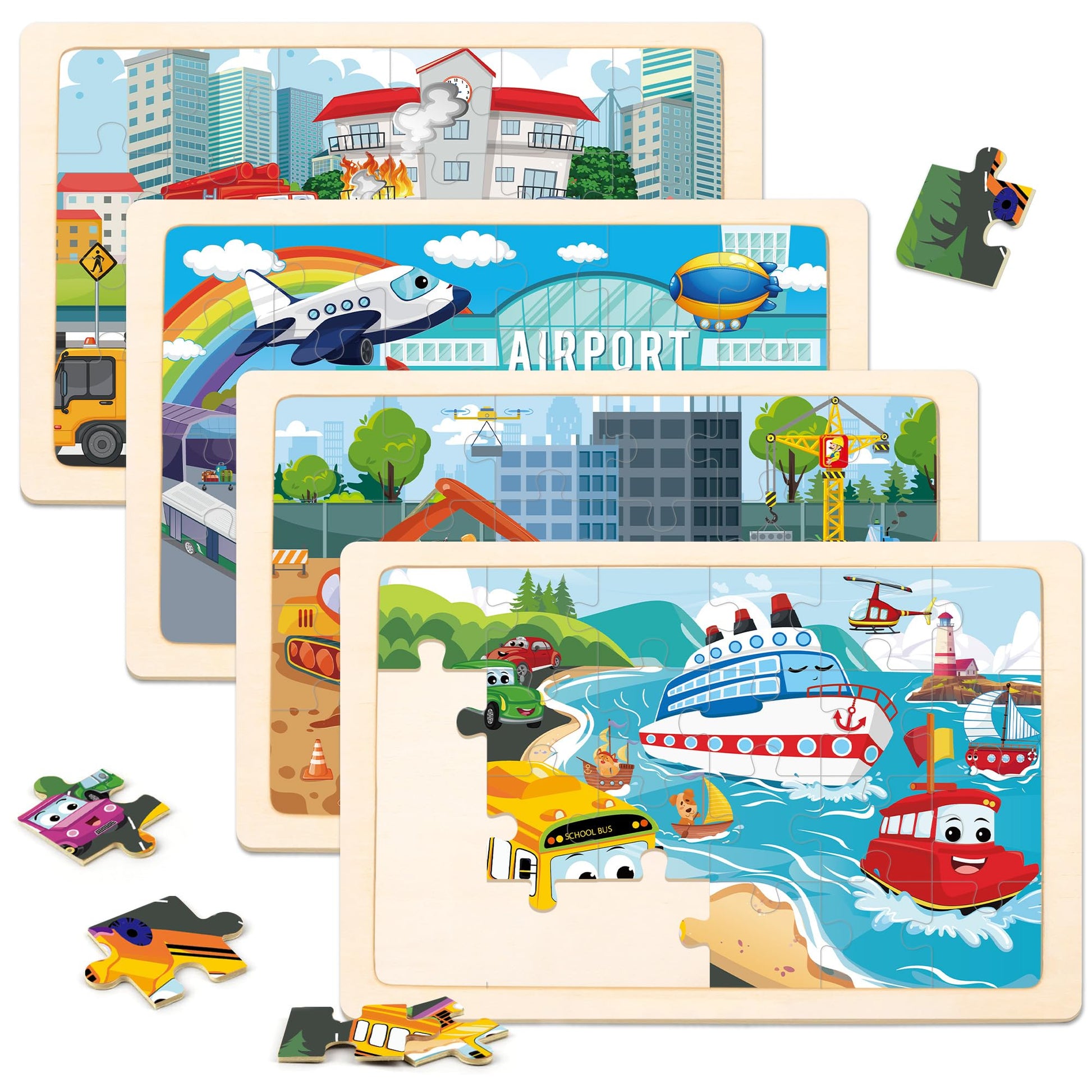 Wooden Puzzles for Kids Ages 3-5, 4 Packs Puzzles for Kids Ages 4-6,Vehicle