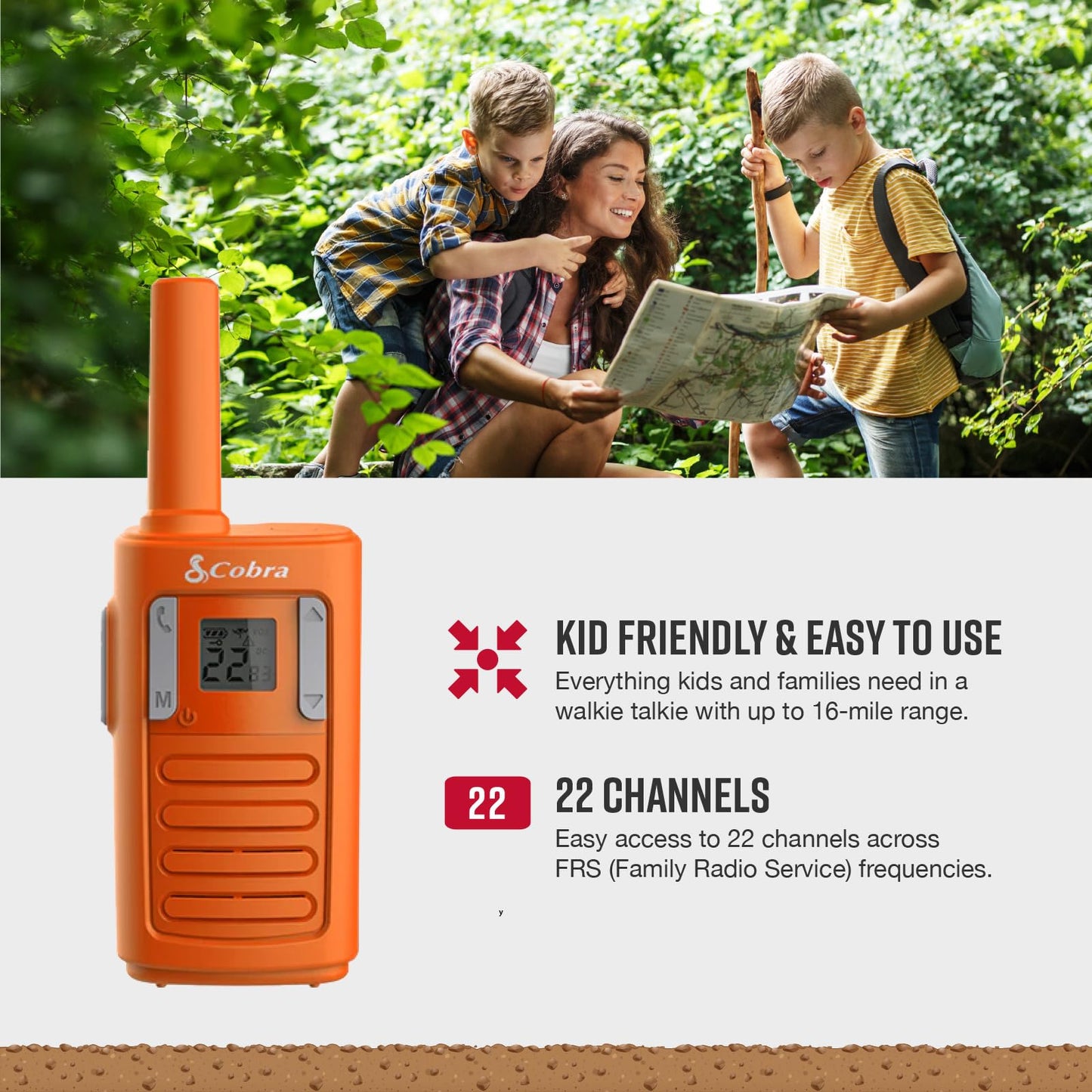 Cobra RX100 16-Mile Range Family Walkie Talkies (4-Pack) - 16-Mile-Long Range, Kid-Friendly Communication, 22 Channels, NOAA Weather Alerts, Call
