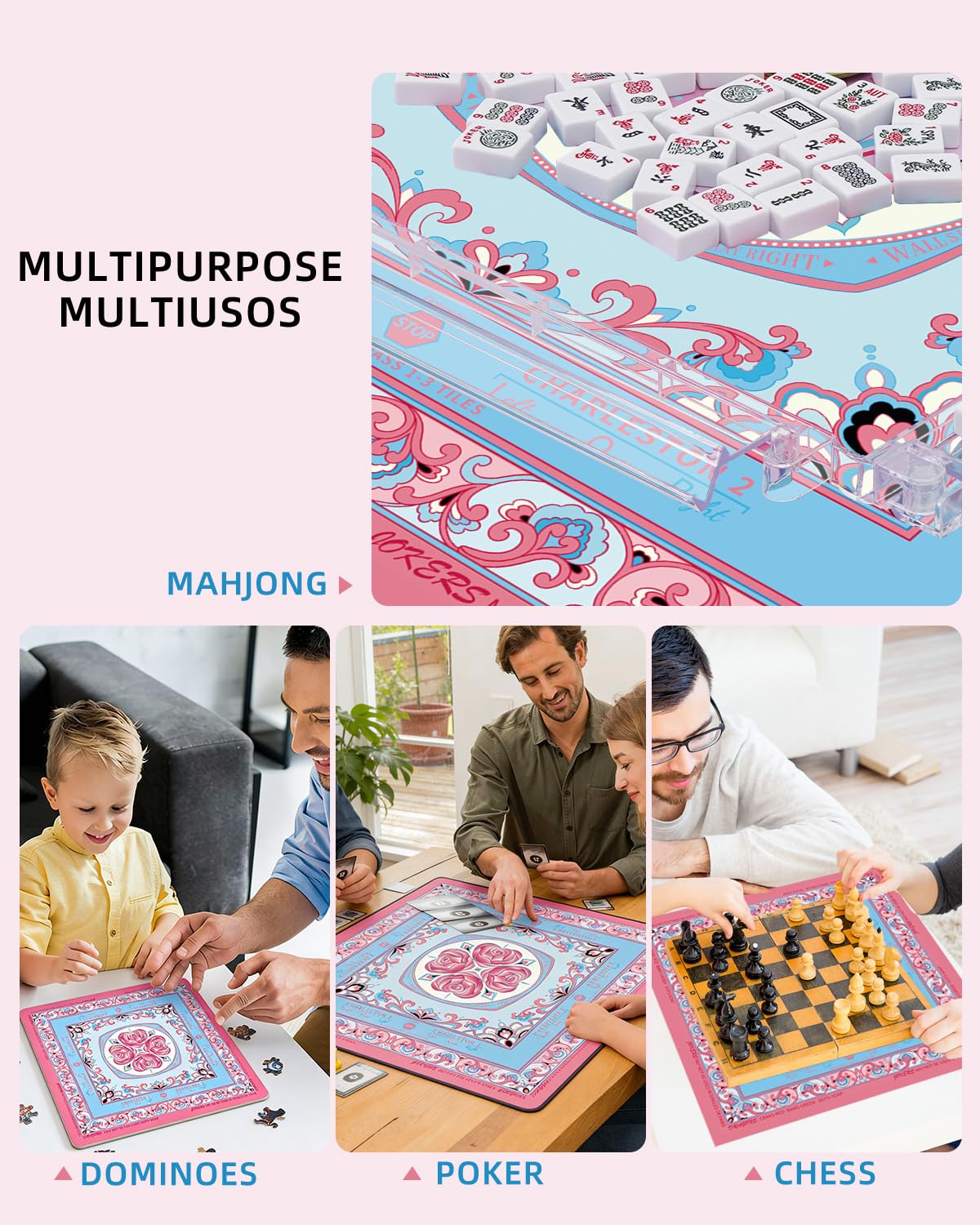 33" Aesthetic Mahjong Mat with Rules for Table (Rolled, Blue Peony)