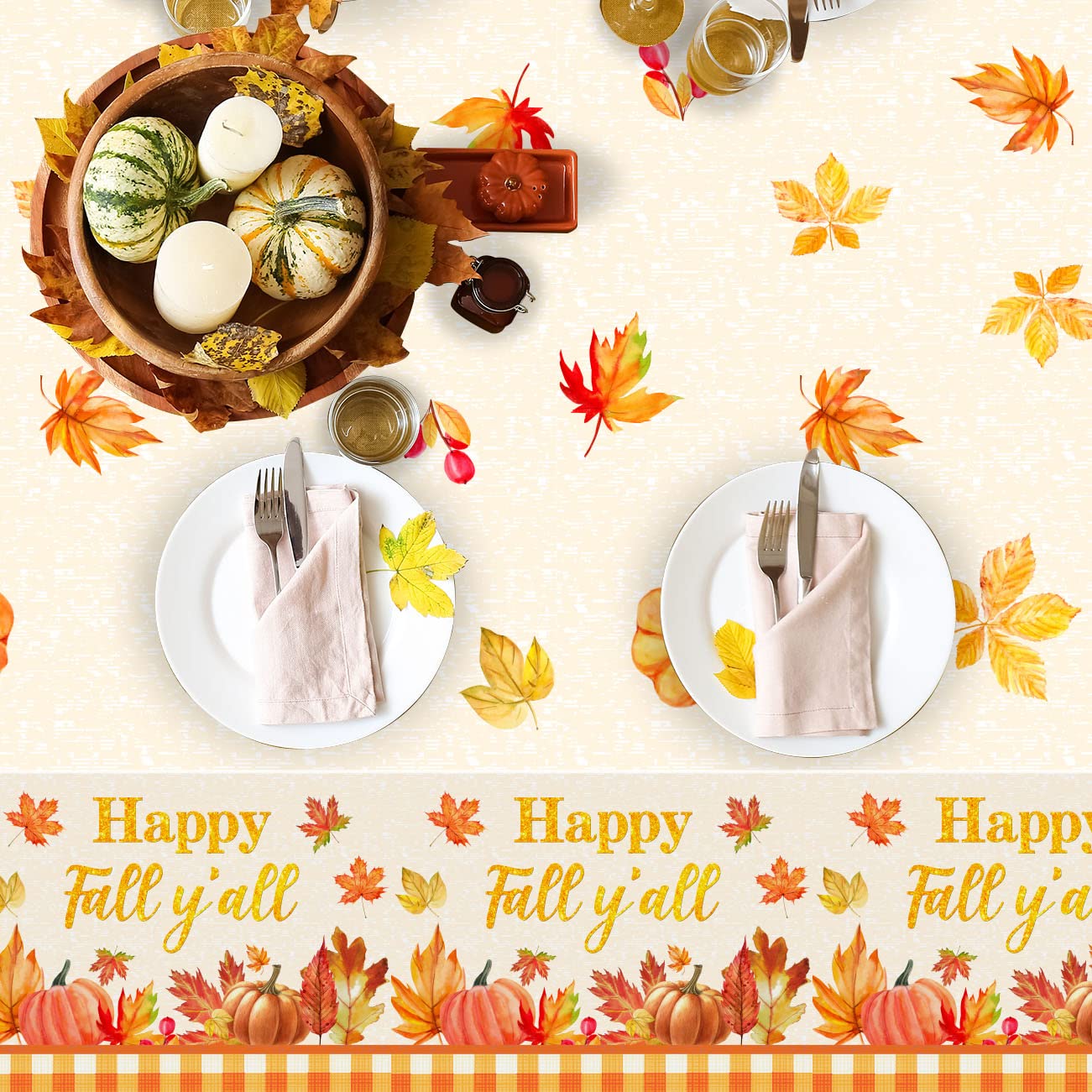 Fall Party Decorations 3PCS Happy Fall Y'all Tablecloth Autumn Pumpkin Maple Leaves Plastic Table Cloths for Fall Harvest Thanksgiving Party Supplies