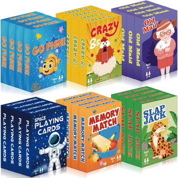 Kids Card Games,24 Decks,Go Fish, Old Maid, Crazy Eights, Memory Match, Slap Jack, Space Playing Cards, Family Game Night Classic Table Games