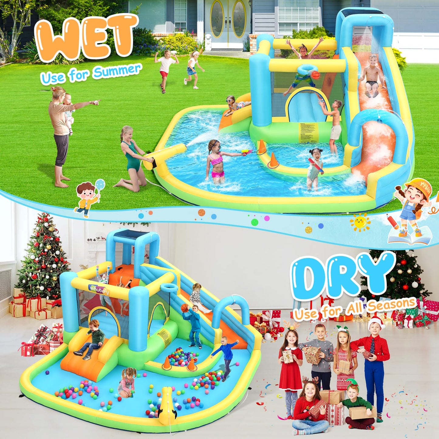 Whubefy 12.8x12Ft Large Water Bounce House Double Slides for Big Kids 3-12