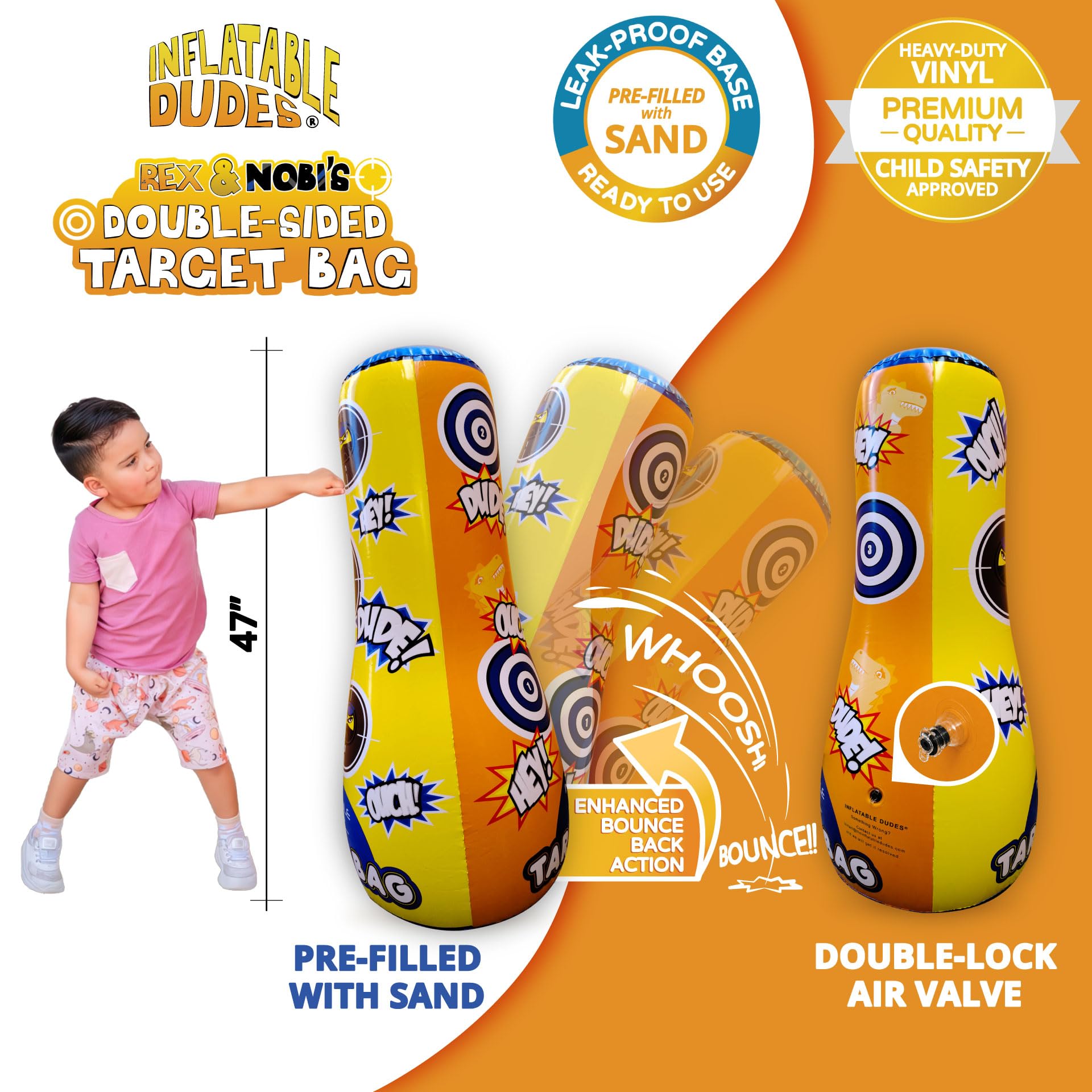 INFLATABLE DUDES Target Bag Ninja Dinosaur 47”- Kids Punching Bag|Sand-Base